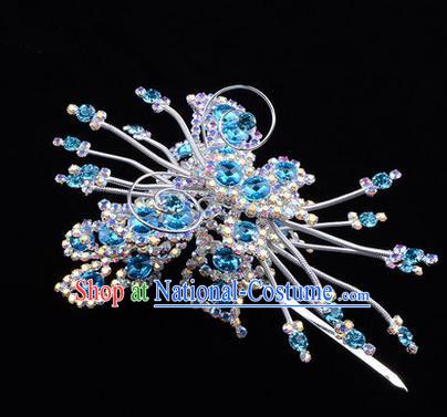 Chinese Ancient Peking Opera Head Accessories Diva Blue Colorful Crystal Butterfly Hairpins, Traditional Chinese Beijing Opera Princess Hua Tan Hair Clasp Head-ornaments