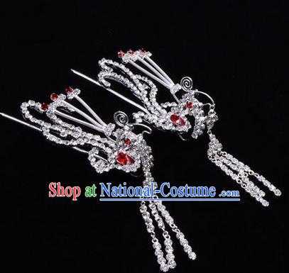 Chinese Ancient Peking Opera Head Accessories Diva Colorful Crystal Red Phoenix Tassel Hairpins, Traditional Chinese Beijing Opera Princess Hua Tan Hair Clasp Head-ornaments