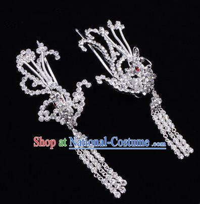 Chinese Ancient Peking Opera Head Accessories Diva Colorful Crystal White Phoenix Tassel Hairpins, Traditional Chinese Beijing Opera Princess Hua Tan Hair Clasp Head-ornaments