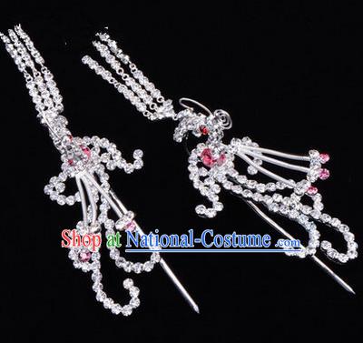 Chinese Ancient Peking Opera Head Accessories Diva Colorful Crystal Pink Phoenix Tassel Hairpins, Traditional Chinese Beijing Opera Princess Hua Tan Hair Clasp Head-ornaments