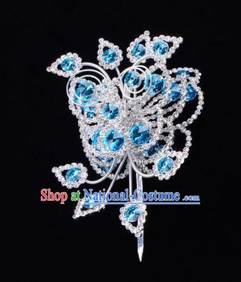 Chinese Ancient Peking Opera Head Accessories Diva Crystal Blue Poppyhead Hairpins, Traditional Chinese Beijing Opera Princess Hua Tan Hair Clasp Head-ornaments