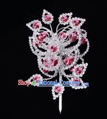 Chinese Ancient Peking Opera Head Accessories Diva Crystal Pink Poppyhead Hairpins, Traditional Chinese Beijing Opera Princess Hua Tan Hair Clasp Head-ornaments