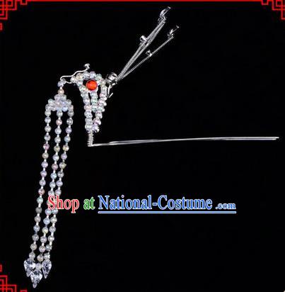 Chinese Ancient Peking Opera Head Accessories Diva White Crystal Long Tassel Phoenix Hairpins, Traditional Chinese Beijing Opera Princess Hua Tan Hair Clasp Head-ornaments