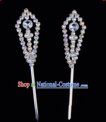 Chinese Ancient Peking Opera Head Accessories Diva White Crystal Pointed Temples Hairpins, Traditional Chinese Beijing Opera Princess Hua Tan Hair Clasp Head-ornaments