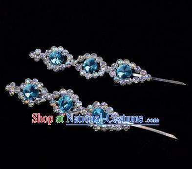 Chinese Ancient Peking Opera Head Accessories Diva Blue Beads Crystal Hairpins, Traditional Chinese Beijing Opera Princess Hua Tan Hair Clasp Head-ornaments