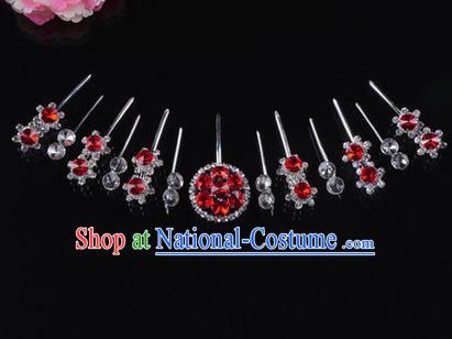 Chinese Ancient Peking Opera Head Accessories Diva Crystal Red Hairpins Complete Set, Traditional Chinese Beijing Opera Princess Hua Tan Hair Clasp Head-ornaments