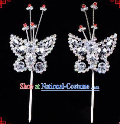 Chinese Ancient Peking Opera Head Accessories Diva White Crystal Beads Butterfly Hairpins, Traditional Chinese Beijing Opera Princess Hua Tan Hair Clasp Head-ornaments