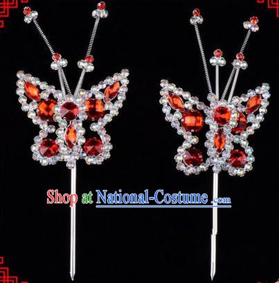 Chinese Ancient Peking Opera Head Accessories Diva Red Crystal Beads Butterfly Hairpins, Traditional Chinese Beijing Opera Princess Hua Tan Hair Clasp Head-ornaments