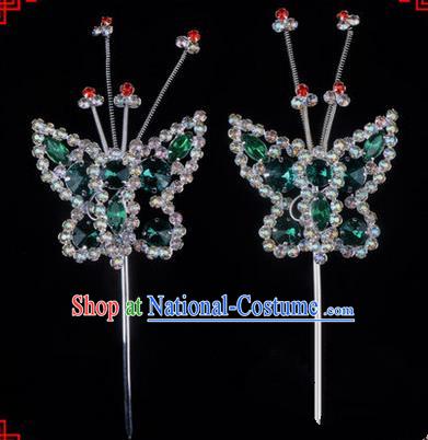 Chinese Ancient Peking Opera Head Accessories Diva Green Crystal Beads Butterfly Hairpins, Traditional Chinese Beijing Opera Princess Hua Tan Hair Clasp Head-ornaments