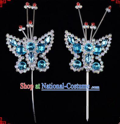 Chinese Ancient Peking Opera Head Accessories Diva Blue Crystal Beads Butterfly Hairpins, Traditional Chinese Beijing Opera Princess Hua Tan Hair Clasp Head-ornaments