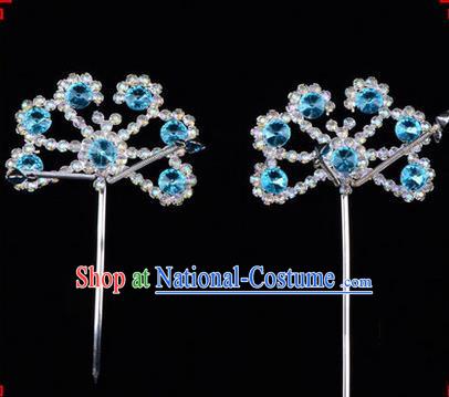 Chinese Ancient Peking Opera Hair Accessories Young Lady Diva Blue Crystal Beads Hairpins, Traditional Chinese Beijing Opera Hua Tan Head Ornaments Hair Clasp