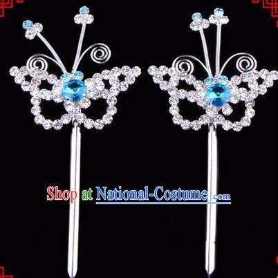 Chinese Ancient Peking Opera Head Accessories Diva Blue Crystal Hairpins, Traditional Chinese Beijing Opera Princess Hua Tan Butterfly Hair Clasp Head-ornaments