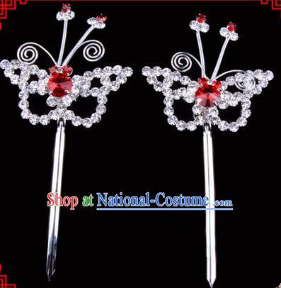 Chinese Ancient Peking Opera Head Accessories Diva Red Crystal Hairpins, Traditional Chinese Beijing Opera Princess Hua Tan Butterfly Hair Clasp Head-ornaments