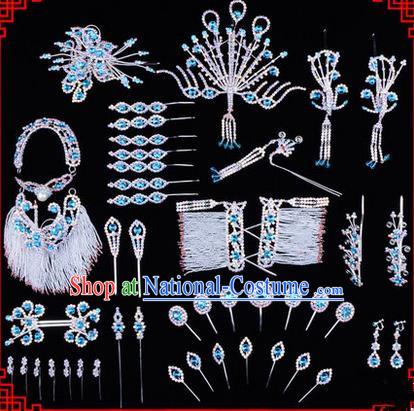 Chinese Ancient Peking Opera Head Accessories Diva Blue Crystal Hairpins, Traditional Chinese Beijing Opera Princess Hua Tan Hair Clasp Head-ornaments Complete Set