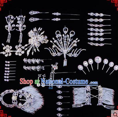 Chinese Ancient Peking Opera Head Accessories Diva White Crystal Hairpins, Traditional Chinese Beijing Opera Princess Hua Tan Hair Clasp Head-ornaments Complete Set