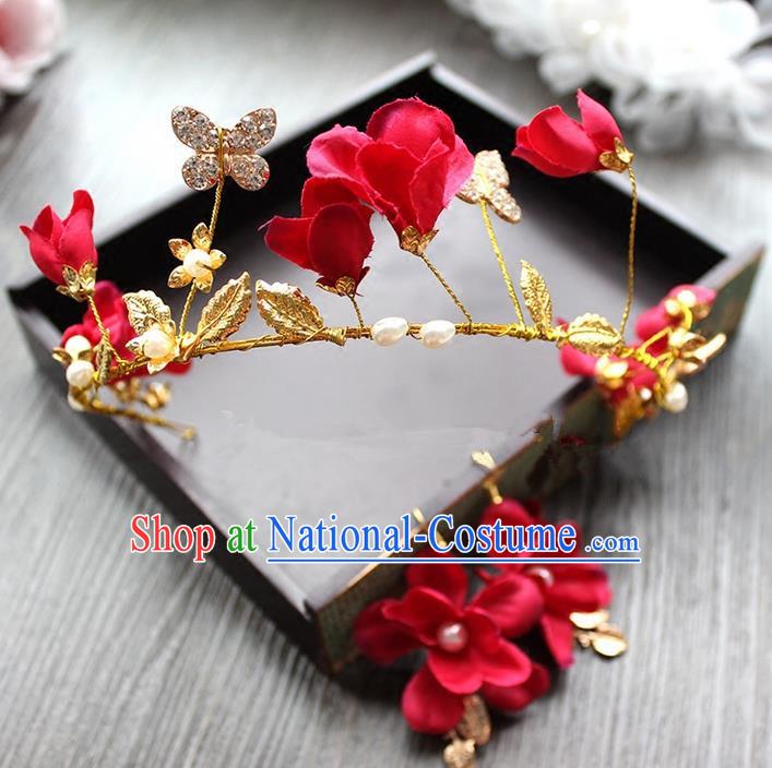 Top Grade Handmade Wedding Bride Hair Accessories Luxury Red Flowers Crown and Earrings, Traditional Baroque Princess Royal Crown Wedding Headwear for Women