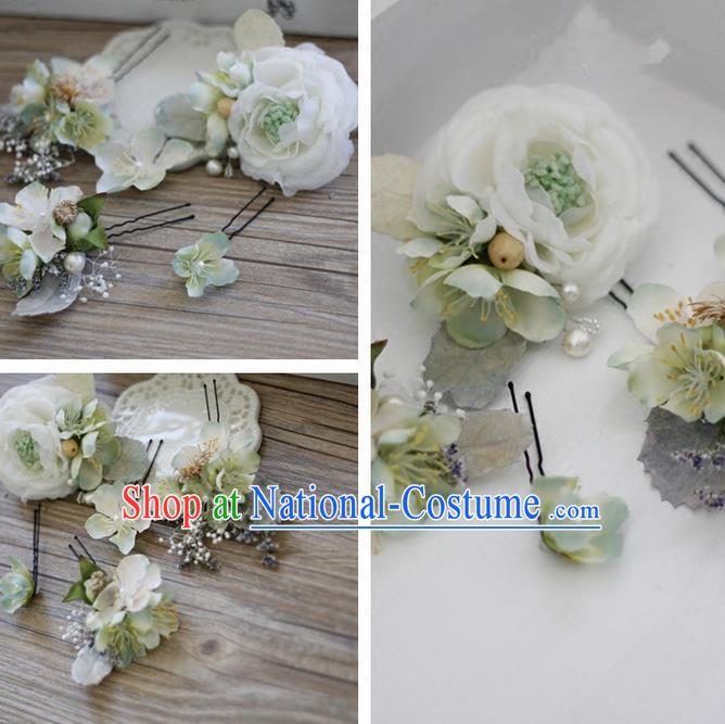 Top Grade Handmade Wedding Bride Hair Accessories Headwear White Peach Flower Hairpins, Traditional Princess Baroque Headpiece for Women