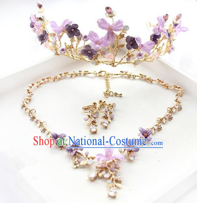 Top Grade Handmade Wedding Hair Accessories Bride Luxury Purple Flowers Crown and Necklace Earrings Complete Set, Traditional Baroque Royal Crown Wedding Headwear for Women