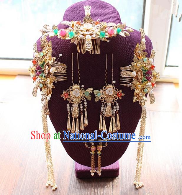 Top Grade Chinese Handmade Wedding Jade Beads Hair Accessories, Traditional China Xiuhe Suit Bride Phoenix Coronet Butterfly Tassel Hairpins Headwear for Women