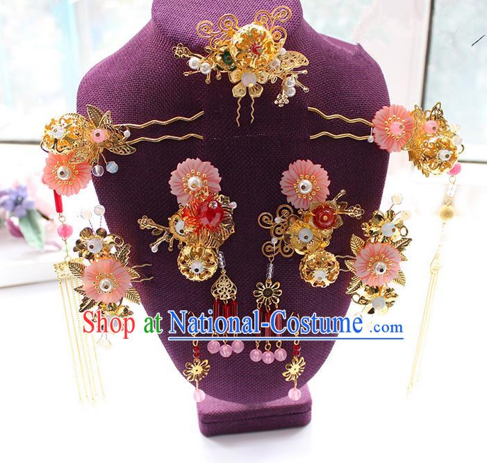 Top Grade Chinese Handmade Wedding Pink Shell Hair Accessories Complete Set, Traditional China Xiuhe Suit Bride Phoenix Coronet Hairpins Headwear for Women