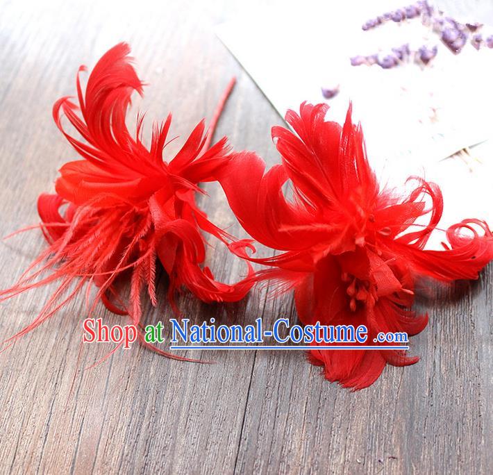 Top Grade Handmade Wedding Bride Hair Accessories Red Feather Hairpins, Traditional Princess Baroque Hair Stick Headpiece for Women