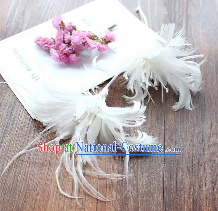 Top Grade Handmade Wedding Bride Hair Accessories White Feather Hairpins, Traditional Princess Baroque Hair Stick Headpiece for Women