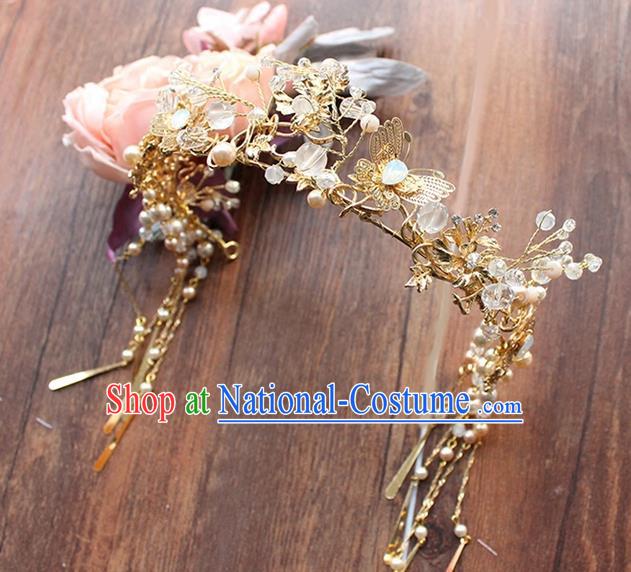 Top Grade Chinese Handmade Wedding Jade Blueing Hair Accessories, Traditional China Xiuhe Suit Bride Phoenix Coronet Butterfly Tassel Hairpins Headwear for Women