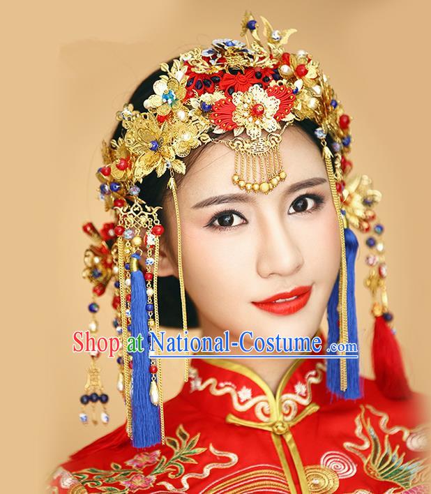 Top Grade Chinese Handmade Wedding Hair Accessories Complete Set, Traditional China Xiuhe Suit Bride Phoenix Coronet Hairpins Frontlet Headdress for Women