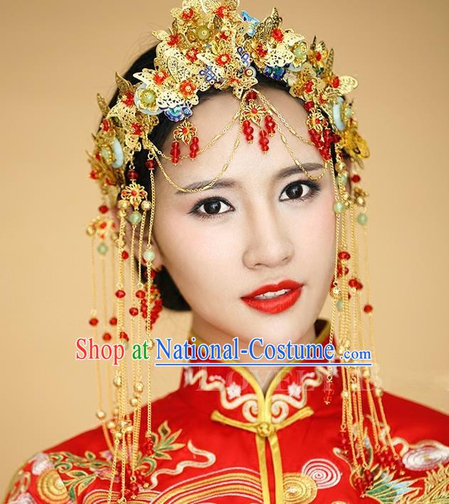 Top Grade Chinese Handmade Wedding Hair Accessories Complete Set, Traditional China Xiuhe Suit Bride Phoenix Coronet Hairpins Butterfly Frontlet Headdress for Women