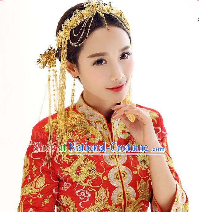 Top Grade Chinese Handmade Wedding Hair Accessories Golden Forehead Ornament, Traditional China Xiuhe Suit Phoenix Coronet Bride Tassel Hairpins Headdress Complete Set for Women