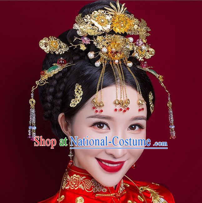 Top Grade Chinese Handmade Wedding Hair Accessories Complete Set Forehead Ornament, Traditional China Xiuhe Suit Phoenix Coronet Bride Tassel Hairpins Headdress for Women