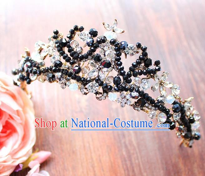 Top Grade Handmade Wedding Hair Accessories Bride Vintage Black Beads Crown, Traditional Baroque Crystal Royal Crown Wedding Headwear for Women