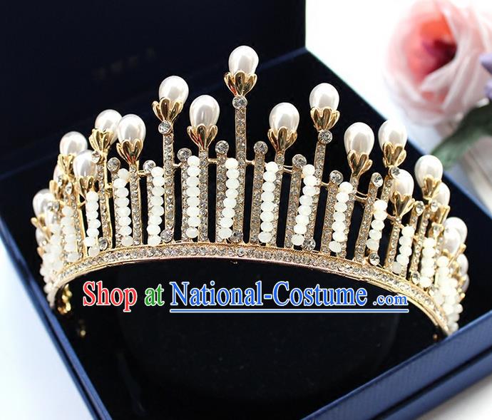 Top Grade Handmade Wedding Hair Accessories Bride Vintage Crystal Beads Crown, Traditional Baroque Pearl Royal Crown Wedding Headwear for Women