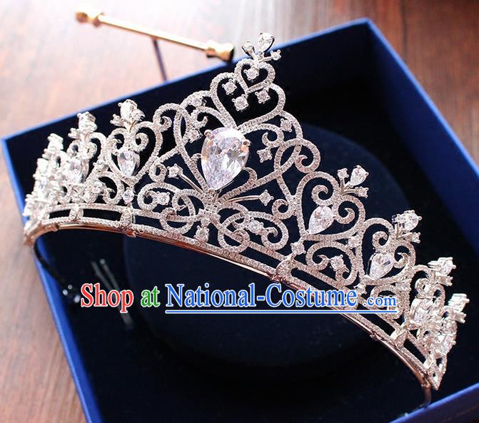 Top Grade Handmade Wedding Hair Accessories Bride Vintage Diamante Crown, Traditional Baroque Zircon Royal Crown Wedding Headwear for Women