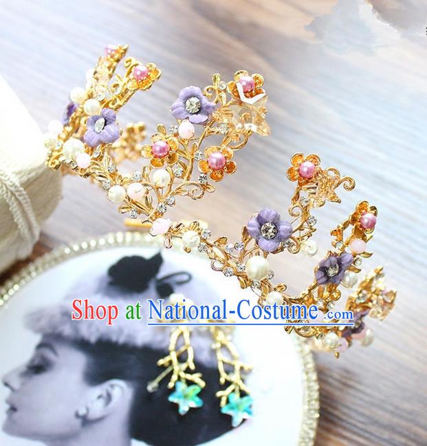 Top Grade Handmade Wedding Hair Accessories Bride Vintage Flowers Crown and Earrings, Traditional Baroque Queen Royal Crown Wedding Headwear Complete Set for Women