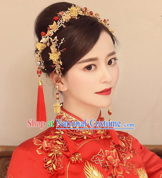 Top Grade Chinese Handmade Wedding Red Hair Accessories, Traditional China Xiuhe Suit Step Shake Bride Crystal Tassel Hairpins Headdress for Women