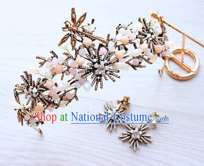 Top Grade Handmade Wedding Hair Accessories Bride Vintage Beads Crown and Earrings, Traditional Baroque Queen Crystal Royal Crown Wedding Headwear for Women