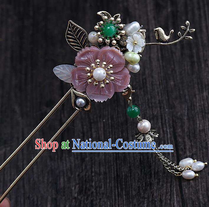 Top Grade Chinese Handmade Wedding Pink Flower Hair Accessories, Traditional China Xiuhe Suit Step Shake Bride Hanfu Tassel Hairpins Headdress for Women