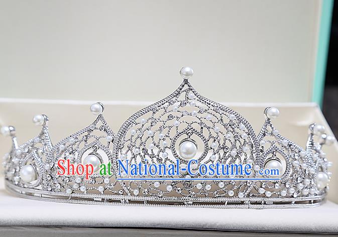 Top Grade Handmade Wedding Hair Accessories Bride Pearl Crown, Traditional Baroque Princess Crystal Royal Crown Wedding Headwear for Women