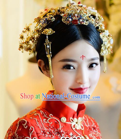 Top Grade Chinese Handmade Wedding Hair Accessories Phoenix Coronet Complete Set, Traditional China Xiuhe Suit Bride Step Shake Tassel Headdress for Women