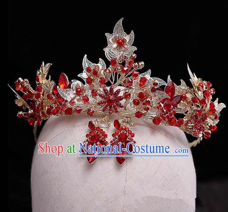 Top Grade Handmade Wedding Hair Accessories Bride Vintage Red Crown and Earrings, Traditional Baroque Princess Crystal Royal Crown Wedding Headwear for Women