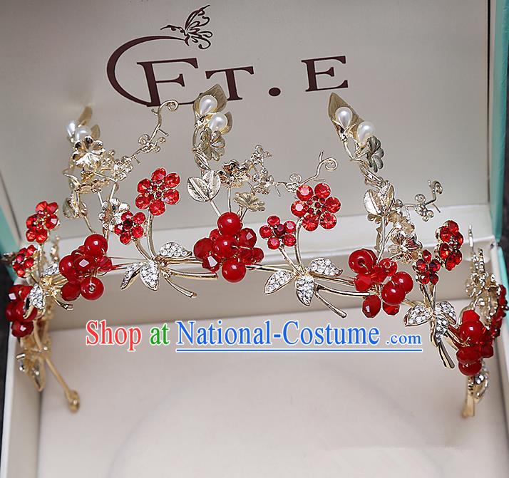 Top Grade Handmade Wedding Hair Accessories Bride Red Crown, Traditional Baroque Princess Crystal Royal Crown Wedding Headwear for Women