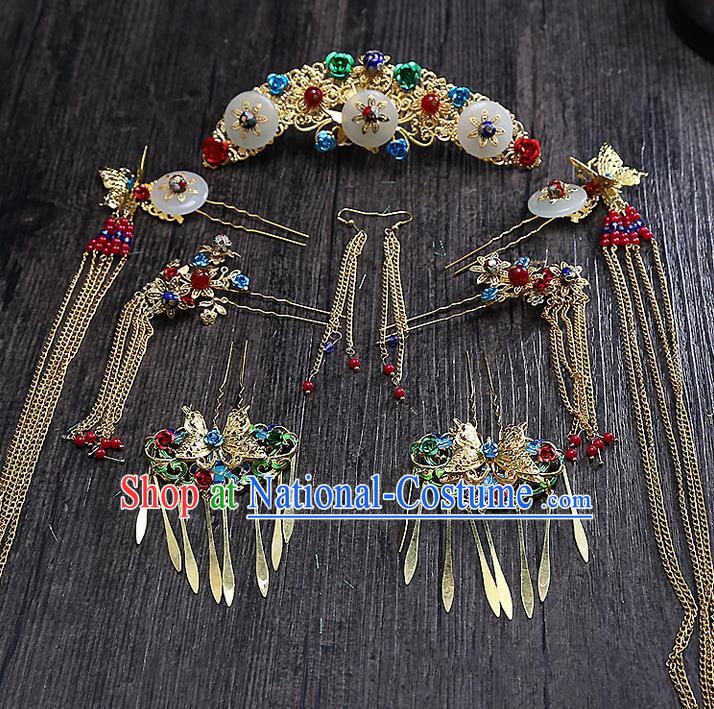 Top Grade Chinese Handmade Wedding Hair Accessories Head Ornament Complete Set, Traditional China Xiuhe Suit Bride Tassel Hairpins Step Shake Headdress for Women