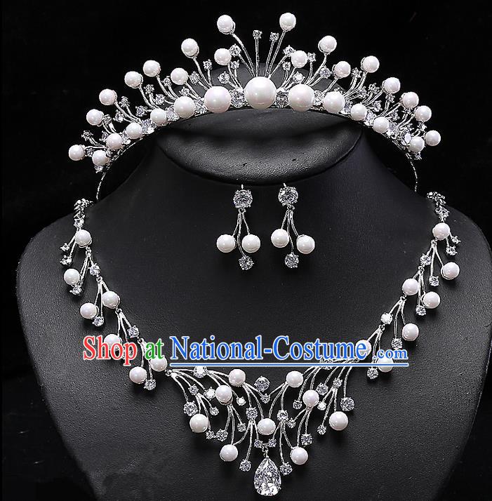 Top Grade Handmade Wedding Hair Accessories Bride Princess Zircon Imperial Crown and Necklace Earrings, Traditional Baroque Crystal Royal Crown Wedding Headwear for Women