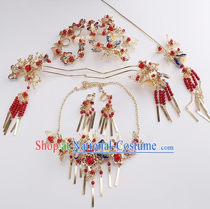 Top Grade Chinese Handmade Wedding Hair Accessories Phoenix Coronet, Traditional China Xiuhe Suit Bride Red Tassel Step Shake Headdress for Women