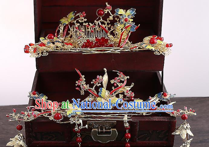 Top Grade Chinese Handmade Wedding Red Hair Accessories Hair Combs, Traditional China Xiuhe Suit Bride Phoenix Coronet Hairpins Complete Set for Women