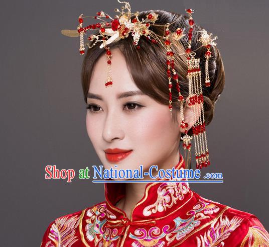 Top Grade Chinese Handmade Wedding Hair Accessories, Traditional China Xiuhe Suit Bride Tassel Hairpins Complete Set for Women