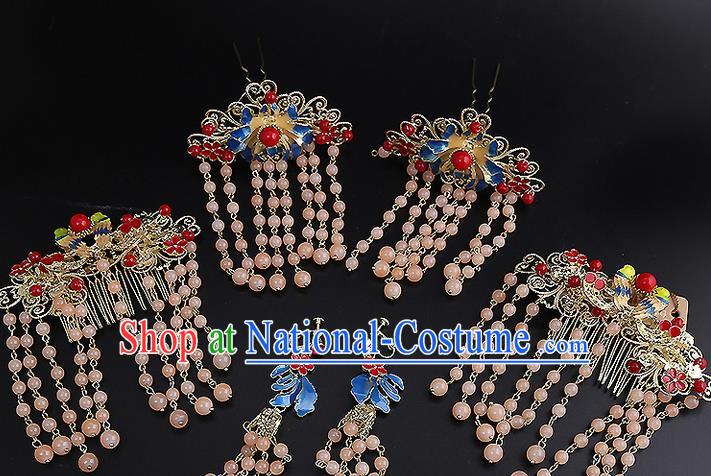 Top Grade Chinese Handmade Wedding Hair Accessories Forehead Ornament, Traditional China Xiuhe Suit Bride Tassel Hairpins Complete Set for Women