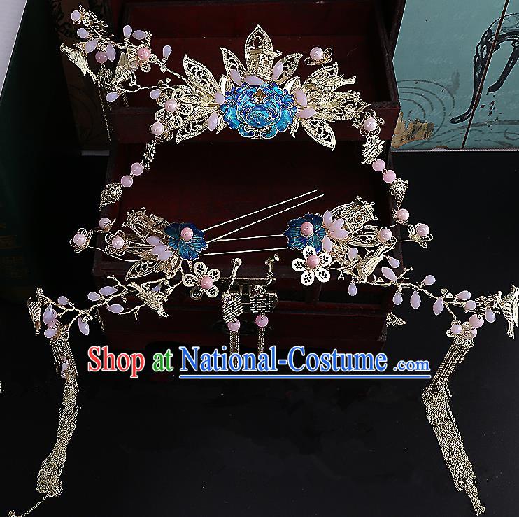 Top Grade Chinese Handmade Wedding Hair Accessories Phoenix Coronet Complete Set, Traditional China Xiuhe Suit Bride Hairpins Hanfu Tassel Headdress for Women