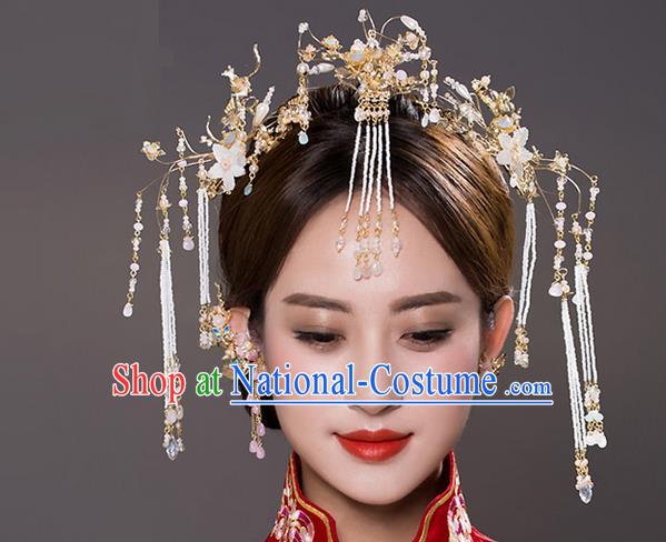 Top Grade Chinese Handmade Wedding Hair Accessories Frontlet Complete Set, Traditional China Xiuhe Suit Bride Hairpins Hanfu Tassel Headdress for Women